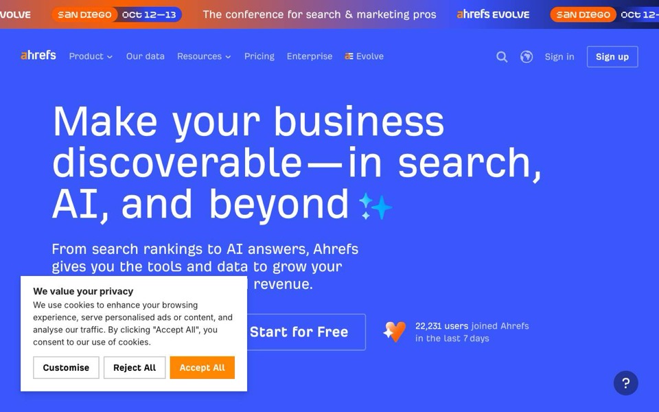 Ahrefs の公式サイトの画面(2026-10-08 撮影)