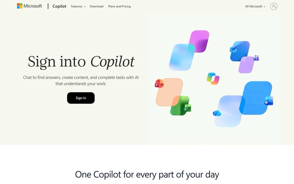 Microsoft Copilot の公式サイトの画面（2026-10-08 撮影）