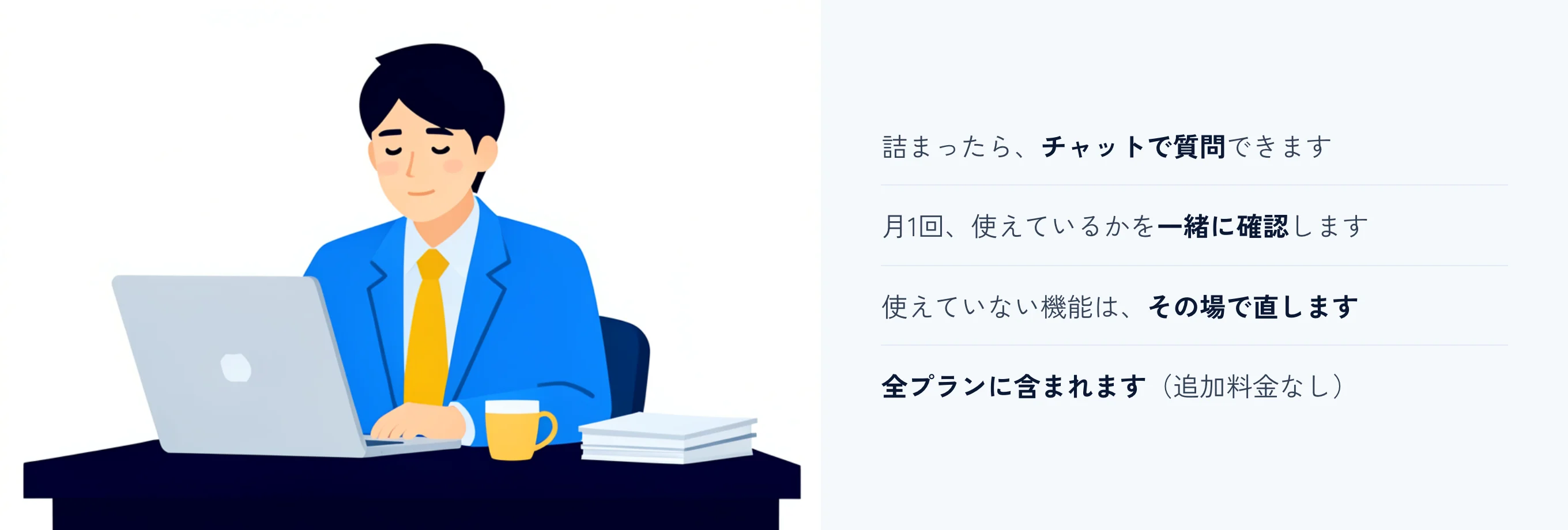 研修が終わってからが本番です。3ヶ月間のフォローアップ：実際の業務で詰まったらチャットで質問できます／月1回、使えているかを一緒に確認します／使えていない機能があればその場で直します／全プランに含まれます（追加料金なし）。
